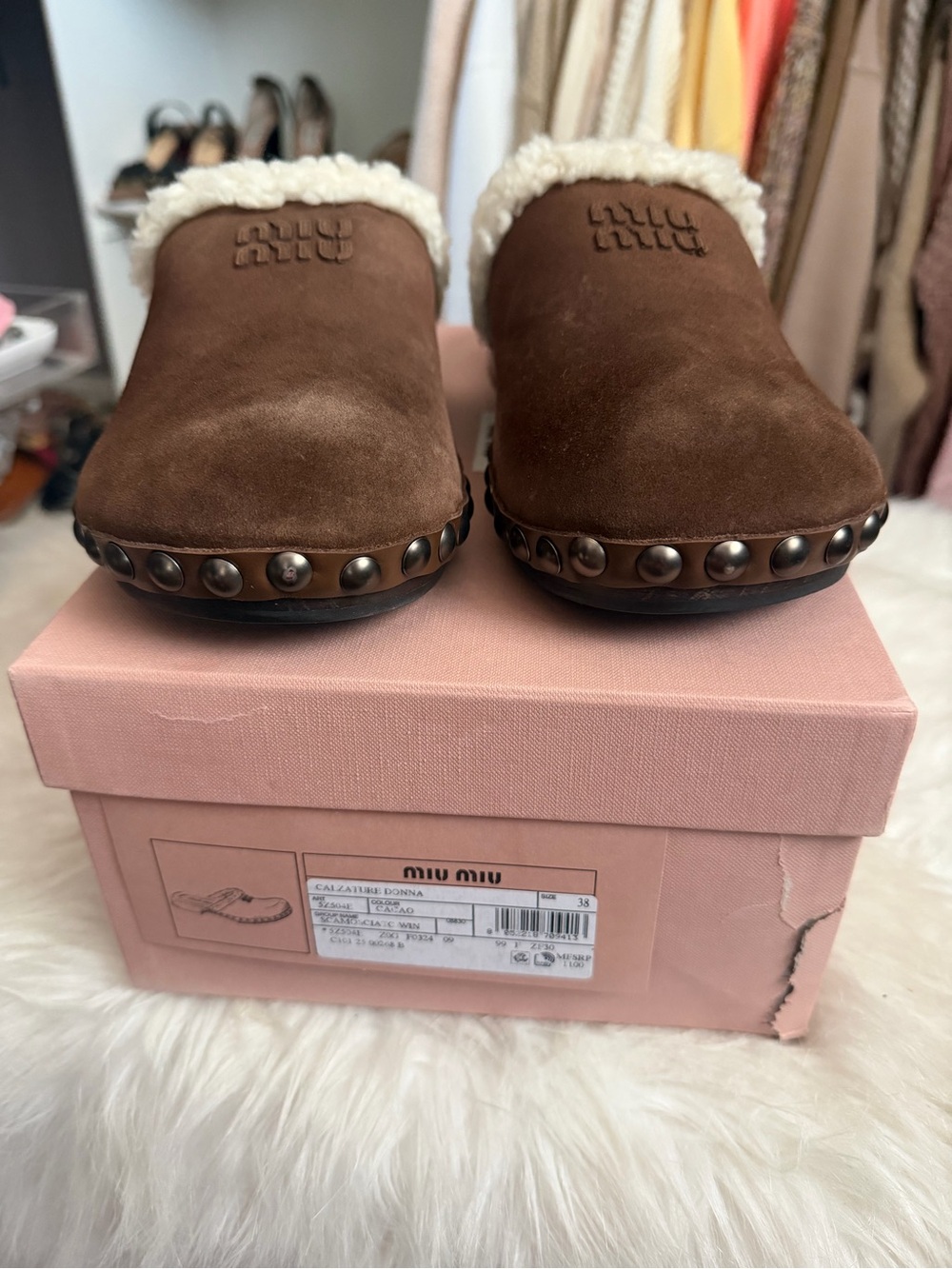 Miu Miu Brown Suede Shearling-Trim Slip-On Clogs - Picture 2 of 7